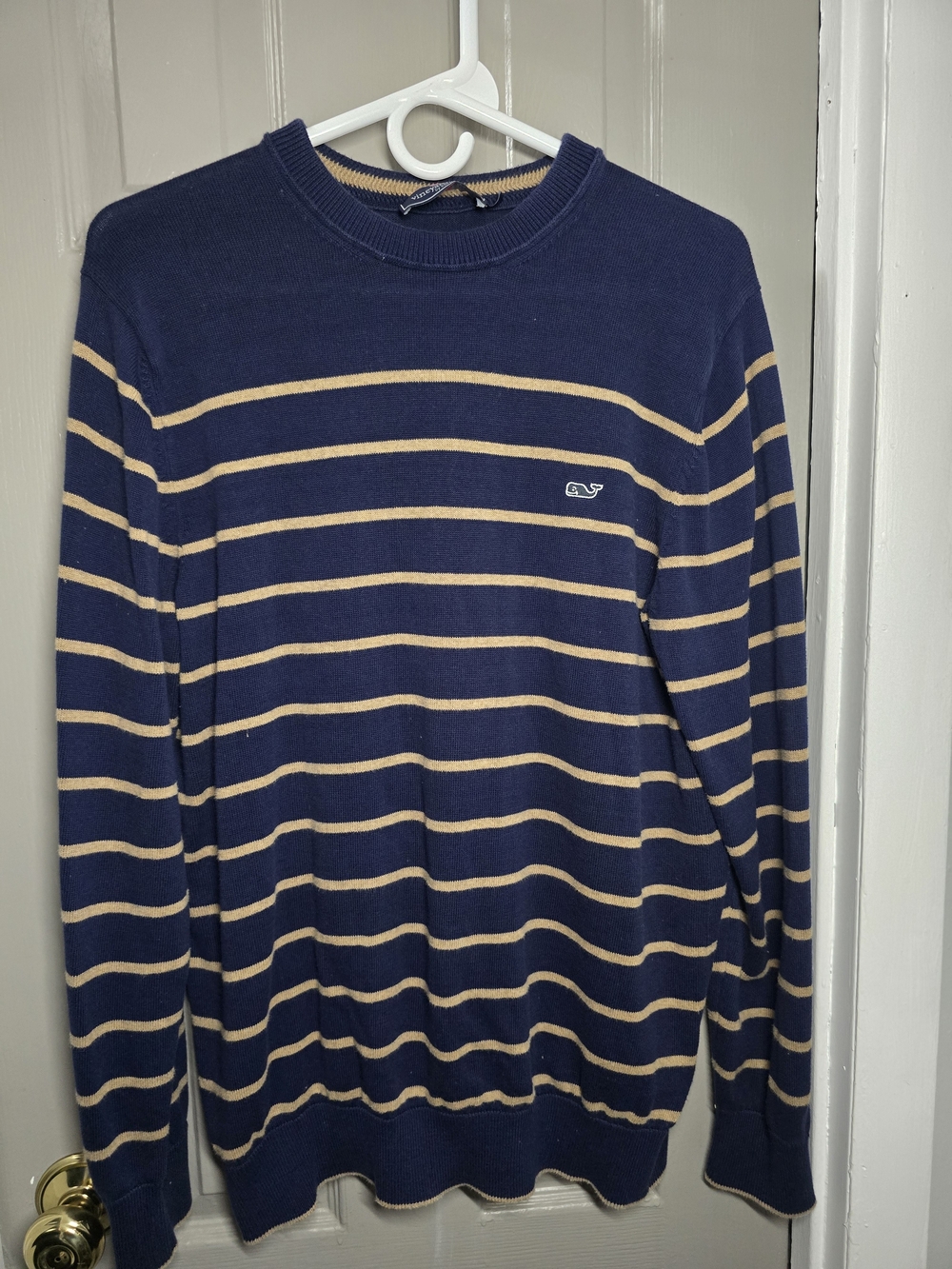 Vineyard Vines Women's Navy and Tan Striped Crewneck Sweater Size Small